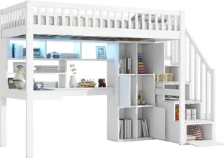 Hochbett mit Schreibtisch, Regal, Schrank, Rausfallschutz und Treppe, 90x200 cm, Kinderbett, Jugendbett, Kiefer