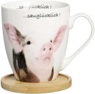 Ritzenhoff & Breker Becher Tierisch Cool Sauglücklich, mit Untersetzer, Kaffeebecher, Tasse, mit Henkel, Porzellan, Weiß, 600 ml, 409543