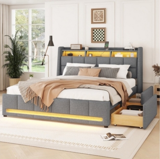 SOFTWEARY Stauraumbett mit LED-Beleuchtung (Lattenrost, 2 Schubladen, USB-Anschlüssen, 140x200 cm), Doppelbett mit Stauraum, Leinen