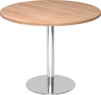 bümö Besprechungstisch, Esstisch klein, Tisch rund 100 cm - kleiner Esstisch Nussbaum, Rundtisch Esstisch 2 Personen mit Holz-Platte, Säule aus Metall verchromt, Konferenztisch, Bistrotisch, STF10-N-C