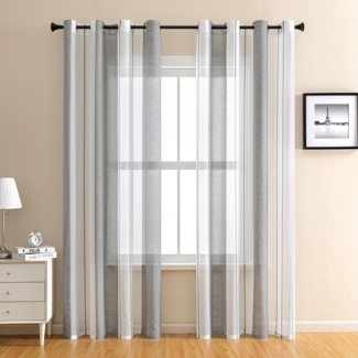 NUODWELL Gardine 2er Set Voile Gardinen mit Ösen, Kurz Streifen Vorhang Halbtransparent