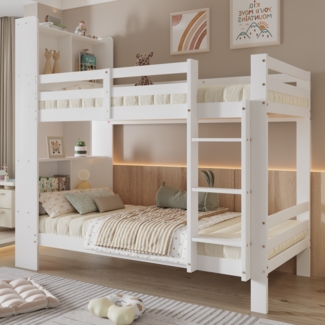 Merax Etagenbett 90x200cm Kinderbett mit Regalen und dreistufiger, rechtwinkliger Leiter, Stauraum-Holzbett, Bettrahmen aus Massivholz, Weiß