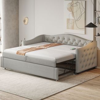 Graues Schlafsofa 90x200 cm Mit USB Ladeanschluss Und Ausziehbett Leinenbezug Multifunktionsmöbel 2-in-1 Design Sofabett
