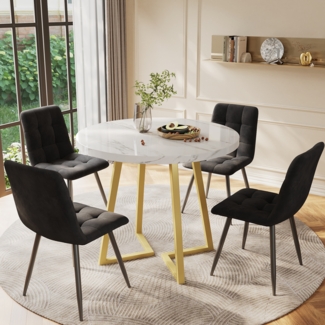 Merax Esstisch-Set (5-teilig), modernes Esstisch-Set mit 4 Stühlen, Küchentisch-Set, runder Küchentisch mit 80 cm Durchmesser und goldenen Metallbeinen, weiße MDF-Tischplatte, schwarze Samtstühle