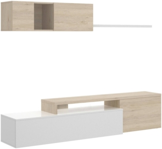 Dmora Axayazala-Wandsystem, modulares Eck-Wohnzimmerset, TV-Ständer mit mehreren Positionen für das Wohnzimmer, 201 x 41 x 180 cm, Glänzendes Weiß und Eiche
