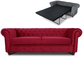 Schlafsofa Chesterfield Asti Bis 3-Sitzer, Sofa mit Schlaffunktion, Couch 3-er, Couchgarnitur, Sofagarnitur, Holzfüße - Glamour Design, Velours (Rot (Velvet 59))