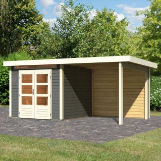 Gartenhaus Kandern 3 - 244x244 cm mit Anbaudach 2,35 m und Rückwand, 28 mm terragrau, Karibu