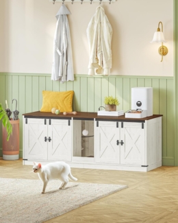 Katzenschrank mit USB-Anschlüssen und Steckdosen, Katzenklo Schrank, 140 cm Verstecktes Katzentoilette für 2 Katzen, Katzenhaus für den Innenbereich mit Katzenglocke, Braun-Weiß