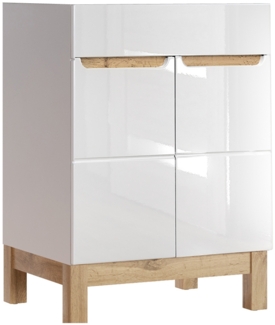 Waschtischunterschrank 60 cm SOLNA-56 Hochglanz weiß mit Wotaneiche, B x H x T ca. 60 x 85 x 45cm