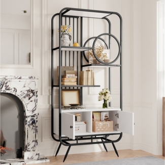 Merax Bücherregal Standregal aus Stahl & MDF, Standregal 80 x 30 x 180 cm 1-tlg, Metallregal mit Doppeltürenschrank, 3 Ablagen & runden Dekoelementen