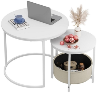 WLIVE Couchtisch Couchtisch 2er‑Satztisch rund mit Stauraum, (Beistelltisch mit Stoffkorb & Metallgestell, Holzoptik, 2er Set), 2 in 1 Verschachtelung