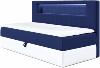 MEBLINI Kinderbett mit Bettkasten GARETH 2 80x200 – H3/Blau Samt Gepolstert Einzelbett mit Matratze - Polsterbett mit Stauraum - Bett mit Kopfteil – Stauraumbett