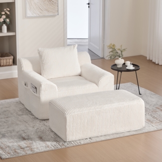 LVHOM Relaxsessel mit Hocker, Bodensofa mit Seitentaschen und Kissen, 1-Sitzer Sofasessel, Einzelsofa, für Wohnzimmer, Schlafzimmer und Studie, Beige