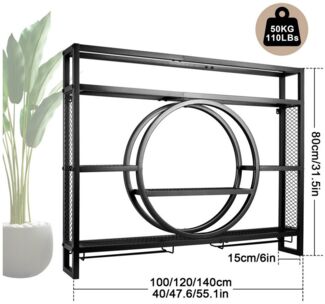 XERSEK Weinregal Wandmontage Metal Glasregal 140x80x15cm Weinhalter mit Regalen Schwarz, Eisen Display Stand, Max. 50KG, 30 Flaschen Wein