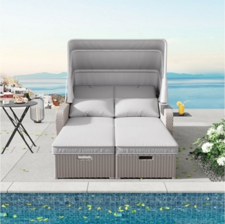 Ulife Gartenlounge-Set für 2 Personen, Polyrattan 2-Sitzer Gartenmöbel Set mit Sonnendach, Gartensofa, Loungesofa, Abnehmbare Markise