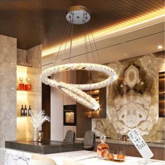 LETGOSPT Deckenleuchte LED Kristall Deckenlampe Dimmbar Hängelampe Pendelleuchte Oval Design, LED fest integriert, kaltweiß, neutralweiß, warmweiß, 36W,Zwei Ringe,Höhenverstellbar,für Wohnzimmer Schlafzimmer