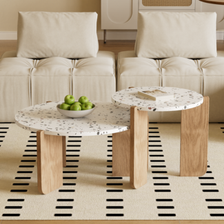 Moderner zusammensetzbarer Couchtisch,2er-Set,70×70×35 cm,50×50×45.5 cm, Weiß+Holzfarbe,modernes Design