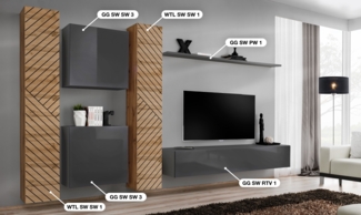 Wohnwand Switch Lamel VI mit geriffelte Wotan Fronten und Grafit Hochglanz Fronten 330 x 180 cm 6-teilig