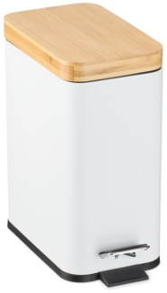 Relaxdays Mülleimer mit Bambusdeckel und entnehmbarem Inneneimer, Metall, 5 Liter, Weiß