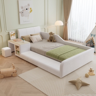 Merax Polsterbett Kinderbett 90 x 200cm mit Schreibtisch und Hocker, Bodenbett Einzelbett mit Rausfallschutz, Holzbett mit Lattenrost, Samt, Weiß