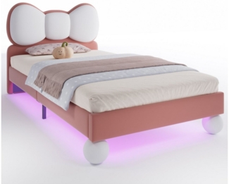 OKWISH Kinderbett Einzelbett Polsterbett (mit Fliegeformigem Kopfteil, Farblich Einstellbarer LED-Lichtleiste, Samt-Oberfläche & Stabile Lattenroste, 90x200 cm), ohne Matratze