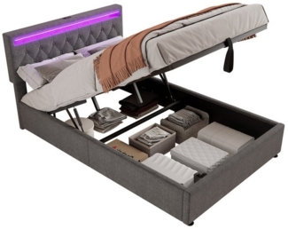 TavilaEcon Boxspringbett Polsterbett mit Bettkasten, höhenverstellbares Kopfteil, Leinen-Bezug (Ohne Matratze), LED-Beleuchtung, USB- und Typ-C-Steckdose, 140×200 cm, Grau