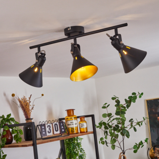 »Pratomagno« moderne Deckenlampe aus Metall in Schwarz/Goldfarben m. verstellbaren Strahlern, Leuchte im Retro/Vintage-Design mit Lichteffekt, 3-flammig, 3 x E14 max. 40 Watt, LED geeignet