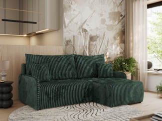 Ecksofa für das Wohnzimmer, mit losen Kissen, Schlaffunktion und Bettkästen, L-förmiges Ecksofa mit Armlehnen, Wellenfeder - ARPA - Grün Cord - rechte Seite