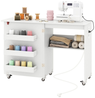 COSTWAY Schreibtisch, 2 in 1 Nähtisch klappbar mit Ladestation, Rollen