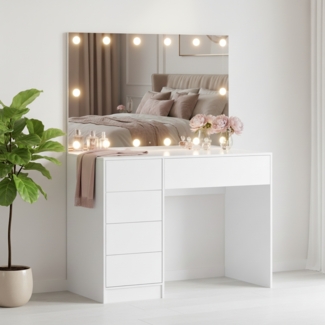 Bellamio 'Livny' Schreibtisch mit 5 Schubladen, beidseitig montierbar, weiß Hochglanz, 80 x 53 x 110 cm, inkl. Spiegel mit 14 LED-Glühbirnen, weiß, 110x70 cm