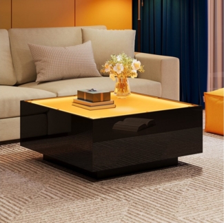 Merax Couchtisch hochglanz Sofatisch Beistelltisch mit LED-Beleuchtung (1-St), Wohnzimmertisch mit Glasplatte, geeignet für kleine Räum, 70x70x36cm