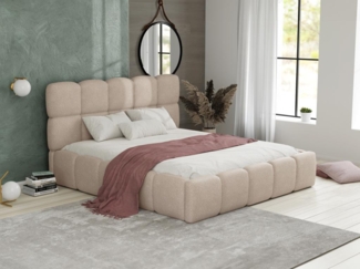 Vente-unique - Bett mit Bettkasten & Bettkopfteil + Matratze - Bouclé-Stoff - 140 x 190 cm - Beige - DAMADO von Pascal Morabito