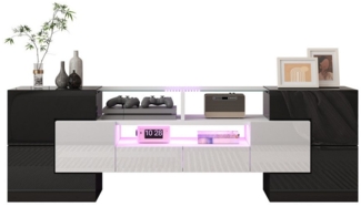 BlingBin TV-Schrank Lowboard (1-St, Wohnzimmermöbel mit LED-Beleuchtung und 4 Türen 2 Schubladen) 145 cm elegante Glasoberfläche