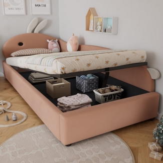 MODFU Schlafsofa mit Häschen-Kopfteil & Schutzzaun, Kinderbett mit hydraulischem Stauraum, Polsterbett, Samt 90x200cm, Inklusive Matratze
