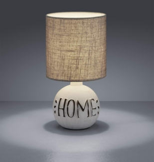 LED Tischleuchte Keramik-Sockel Schriftzug HOME Stoffschirm Braun, Höhe 31cm