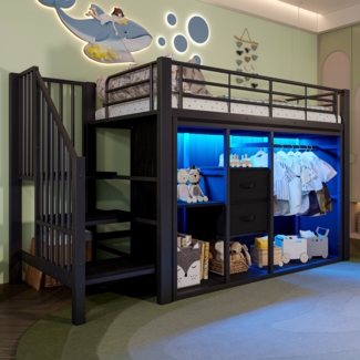 Merax Hochbett Kinderbett 90*200cm, mit 2 Schubladen, offener Kleiderschrank, mehrfarbige LED-Beleuchtung, mehrere Staufächer, ohne Matratze, schwarz