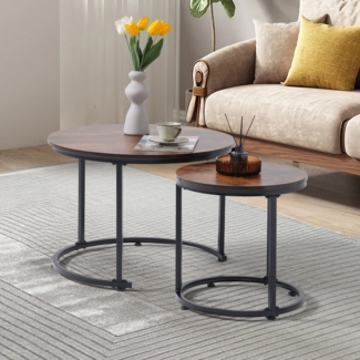 JOIVI Couchtisch 2er-Couchtisch aus MDF & Stahlrahmen (2-tlg Beistelltisch in vintage Optik, Runde Sofatisch für Wohnzimmer, Schlafzimmer, Vintage-Braun& Schwarz)