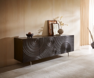 Sideboard Ashara 200 cm Esche Dunkelbraun 3D Effekt 4 Türen Winkelfuß Edelstahl gebürstet