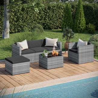 STEELSØN 'Zethora' Polyrattan 4er-Gartenlounge, Sitzgruppe aus Sofa, Sessel, Hocker und Tisch, grau-meliert/anthrazit, wetterfest, für 5 Personen