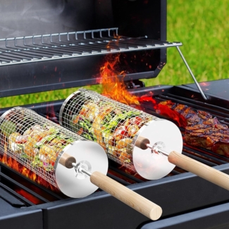 Nestendes Rollendes Grillkorb Set Holzgriff 2 Stk 28.5cm Grill Zubehör Drehspieß