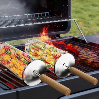 Nestendes Rollendes Grillkorb Set Holzgriff 2 Stk 28.5cm Grill Zubehör Drehspieß