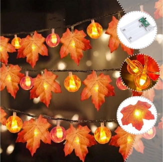 MUPOO LED-Lichterkette LED Nachtlicht Halloween Deko, 1.5/3/6m, 10/20/40LEDs, Batterie, Warmweiß, LED Dekolicht, Ahornblatt Kürbis Girlande,für Thanksgiving
