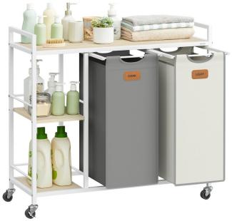 VASAGLE Wäschekorb 2 Fächer, Wäschesammler 100 L, Wäschesortierer, Rollen, Wäschewagen mit Ablagen, Wäschesack, mit abnehmbaren Taschen, 6 Etiketten, naturbeige-taubengrau-cremeweiß