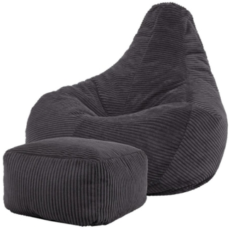 Icon Sitzsack „Dalton“ mit Hocker, Anthrazitgrau, Cord, Groß, Sitzsäcke für das Wohnzimmer, Schlafzimmer, Sitzsack-Sessel für Erwachsene