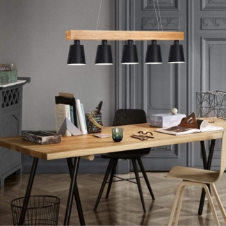 ZMH Pendelleuchte, 5-flammig, E27, Schwarz, Durchmesser 102 cm, moderne Esszimmerlampe aus Metall und Holz für Schlafzimmer, Küche, Flur
