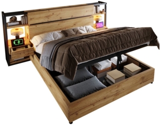 OKWISH Holzbett Hydraulisches Stauraumbett (Doppelbett, 1-tlg, 180×200cm, mit Matratze (H20cm), mit USB&Type-C Ladeanschluss
