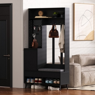 KLAM HOME Garderoben-Set Wandgarderobe, Flurgarderobe Set mit Schuhbank,100Lx35Bx180H cm, Garderoben Set mit 4 Kleiderhaken, zwei Schubladen und 1 Türen