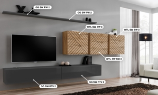 Wohnwand Switch Lamel VII mit Grafit Hochglanz Fronten und geriffelte Wotan Fronten 340 x 150 cm 7-teilig