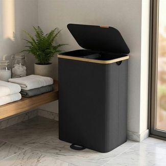 SONGMICS Wäschekorb mit Deckel, Wäschesammler, Wäschesortierer, Wäschesack herausnehmbar, 2 Fächer, 150 Liter, schwarz