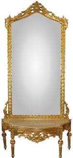 Casa Padrino Barock Spiegelkonsole - Garderobenkonsole Gold mit Marmorplatte und mit schönen Barock Verzierungen auf dem Spiegelglas Mod8 - Antik Look